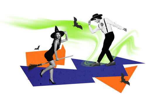 Composite trend artwork collage of halloween autumn season spooky creepy day young guy face mask death day dance lady witch fly broom