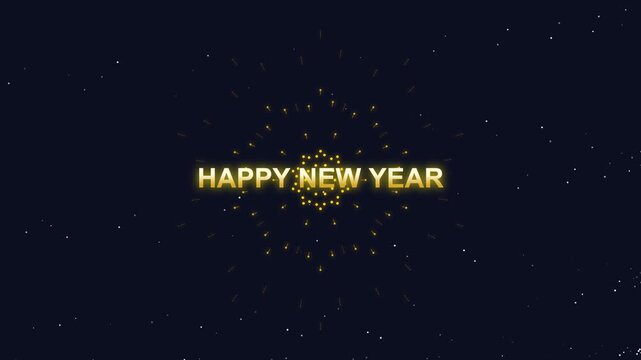 Happy New Year Golden Text with Glowing Fireworks on Dark Sky