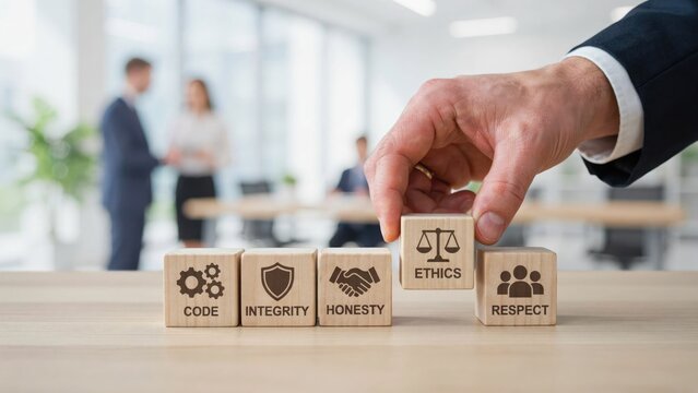 Hand placing a wooden block with ethics icon, corporate values concept