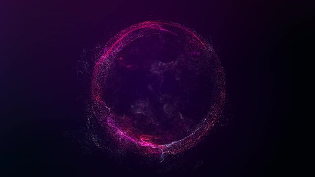Pink particle energy sphere on dark futuristic background, glowing abstract orb animation with 4K 60fps loop.