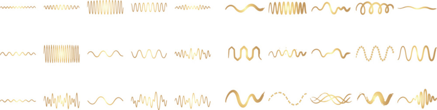 Set of hand drawn golden wavy lines and squiggly brush strokes for decorative design elements