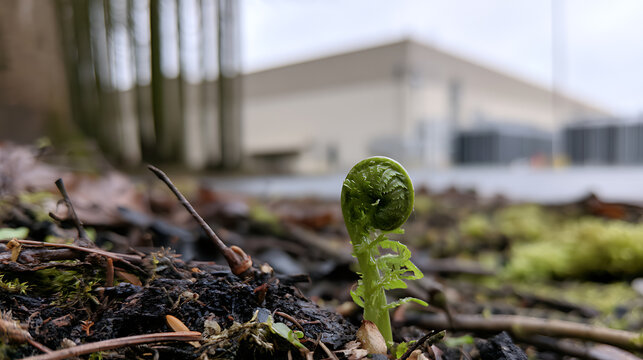 A young fiddlehead fern shoot, Polypodiopsida, emerges from dark forest soil near industrial buildings, symbolizing spring, life, and hope