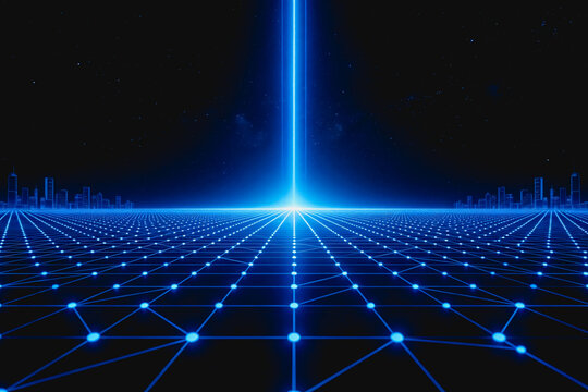 A futuristic digital grid scene with a central bright light beam, distant cityscapes, and a network of glowing blue lines and points in dark space.