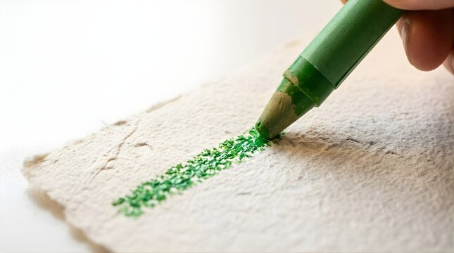 Hand drawing a green line with a wax crayon on textured handmade paper