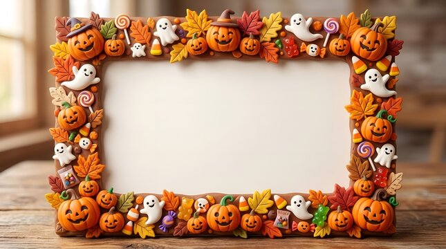 Charming handcrafted clay background for Halloween message cards with abundant treats and ghosts