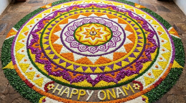 Happy Onam vibrant circular floral rangoli pookalam design top view background