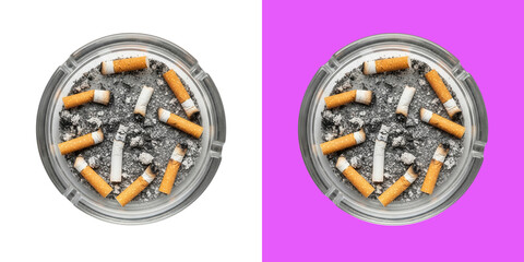Glass ashtray filled with cigarette butts top view © Md