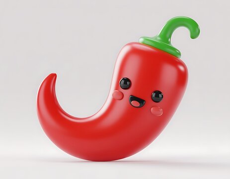 A 3D rendered cute red chili pepper character with a happy smiling face, green stem, and glossy surface, isolated on a white background
