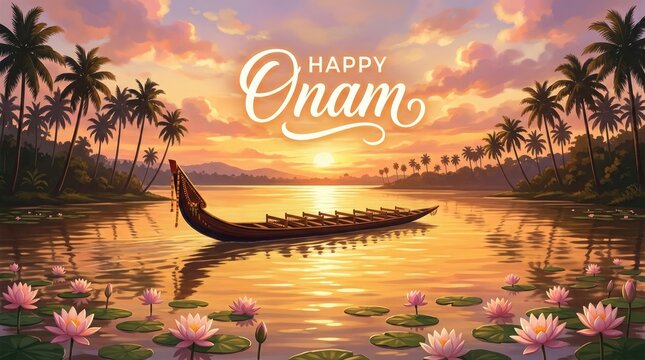 Happy Onam festival backwaters sunset scenery with traditional snake boat