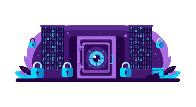 Cybersecurity Flat Vector Illustration of a Digital Vault with Biometric Eye Scanner, Padlocks, and Binary Code for Data Protection