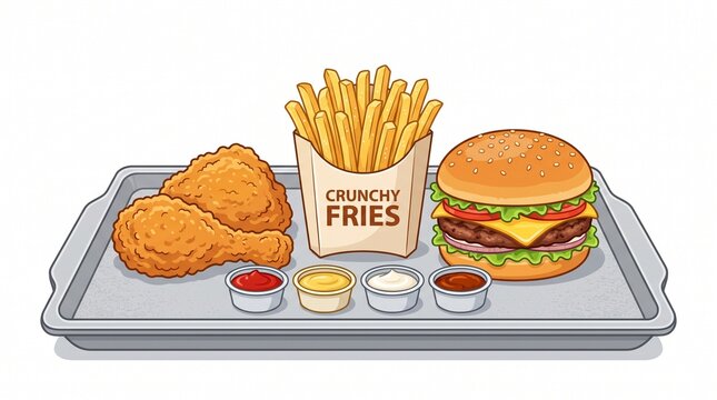 Delicious fast food meal with chicken, fries, burger