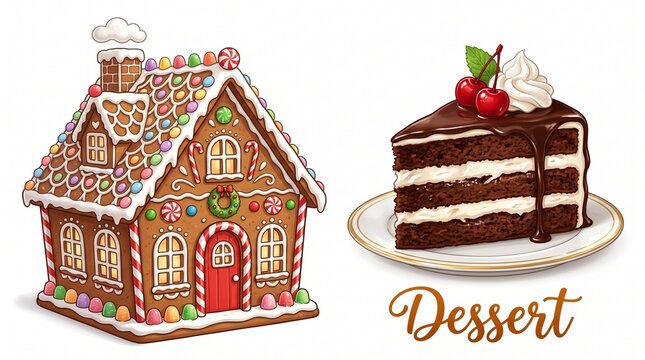 Gingerbread house and chocolate cake dessert illustration
