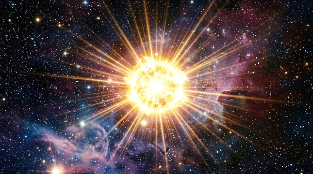 Supernova explosion with bright glowing light and starburst in deep space universe