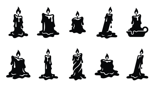 Set of ten black vector candle icons with melting wax in various designs