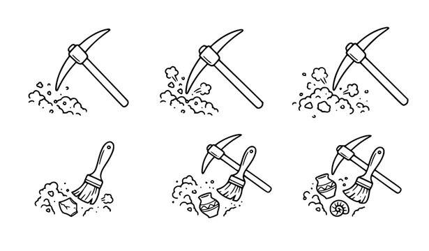 Archaeologist pickaxe and brush excavation tools line animation black white motion graphic