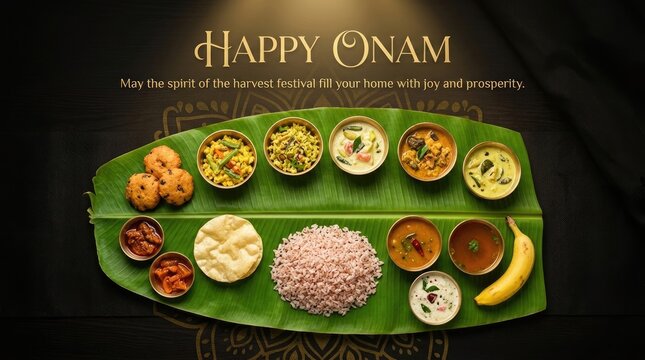 Happy Onam traditional Onam Sadya festival feast served on fresh banana leaf background