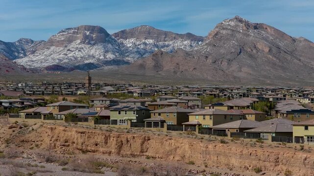 Aerial Suburban Homes Red Rock Mountains Las Vegas Nevada Flyover
