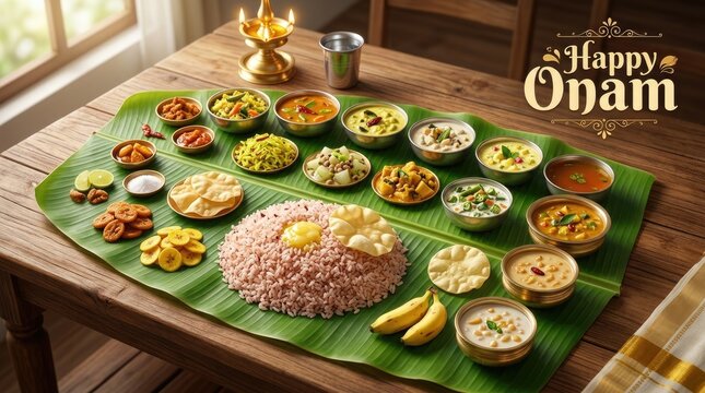 Happy Onam traditional Kerala feast Onam Sadya served on banana leaf with brass lamps