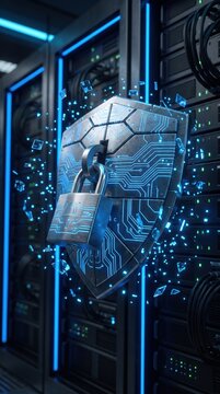 Futuristic padlock and security shield with glowing blue circuit lines, cybersecurity concept for data protection, privacy, encryption and digital defense. 