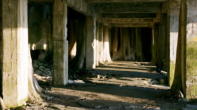 Abandoned industrial building interior overtaken by strangler fig tree Ficus aurea roots growing through concrete columns and broken floors