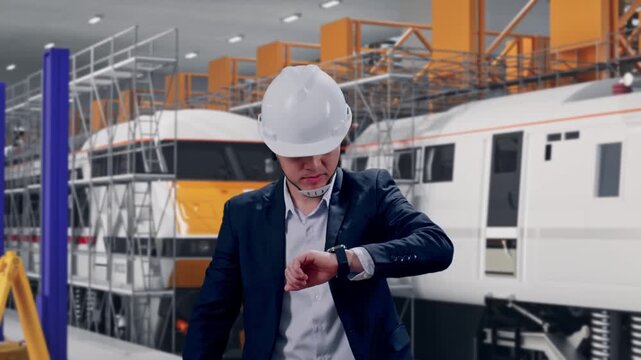 Front View of Asian Businessman Walking, Checking Time in Watch at Train Locomotives Maintenance Depot Scaffolding