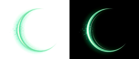 Glowing green crescent moon shape with sparkling light particles and smooth circular curve ideal for mystical and eco designs available in PNG, Transparent and Black Background Versions © Crafter