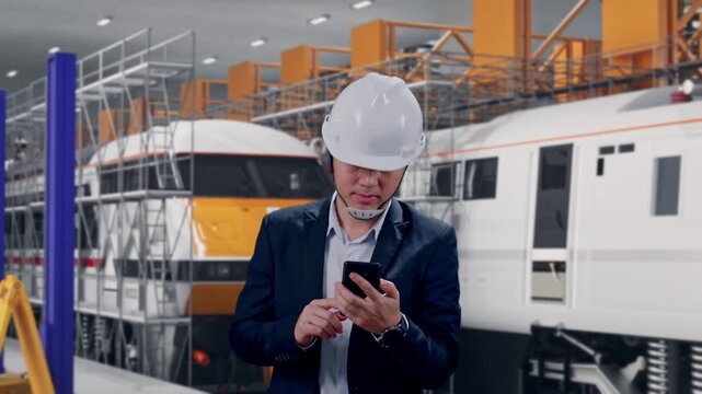 Front View of Asian Businessman Use Smartphone While Walking at Train Locomotives Maintenance Depot Scaffolding