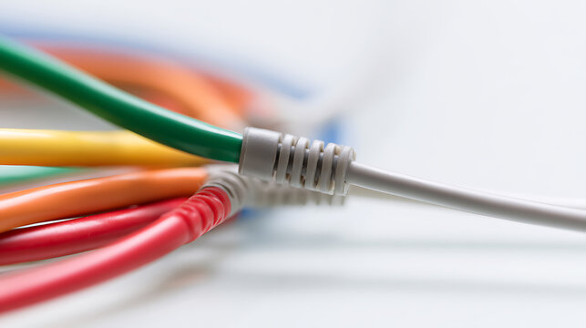 Colorful network cables and ethernet cords connected together on a bright surface, representing modern communication and digital data system
