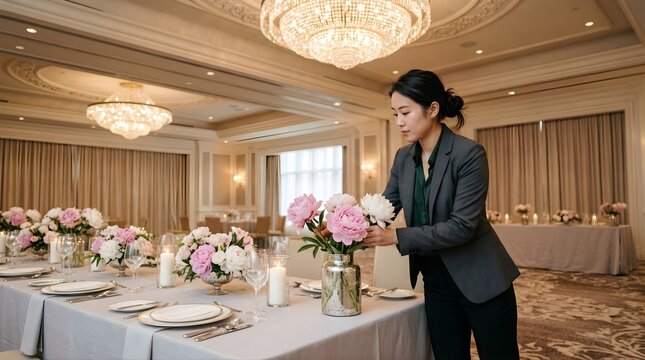Professional event planner arranging floral centerpieces in hotel ballroom