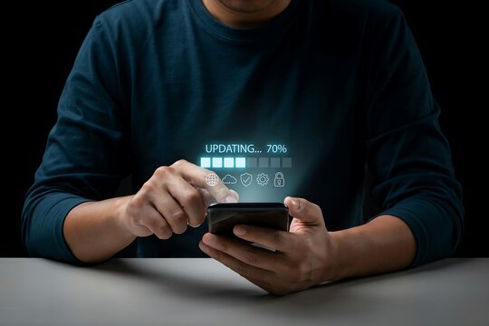 Man holding a smartphone displaying a digital system software update progress bar interface
