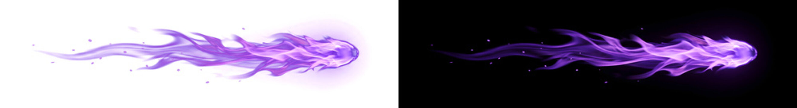 Violet fire streak swirling with mystical glow and floating sparks ideal for fantasy visual effects in PNG, Transparent and Black Background Versions