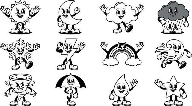 Retro cartoon weather icons set with cute vintage characters in outline style