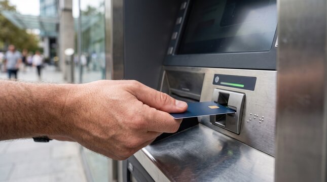 Close-up of a person inserting a bank card into an outdoor automated teller machine for a secure cash withdrawal transaction on a city street