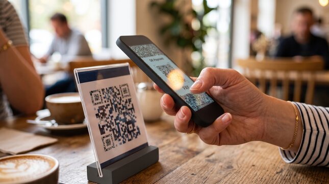 Person using a smartphone to scan a QR code for contactless payment or digital menu in a modern cafe