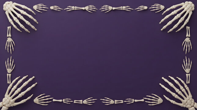 Halloween features skeleton hands arranged in a frame on a purple background