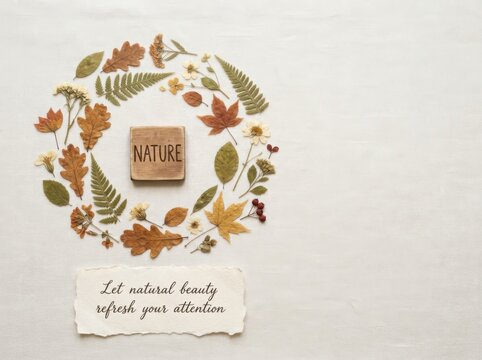 Flat lay of dried pressed autumn leaves, ferns, and wildflowers arranged in a circular wreath around a wooden block with word NATURE and a paper quote on textured white background.
