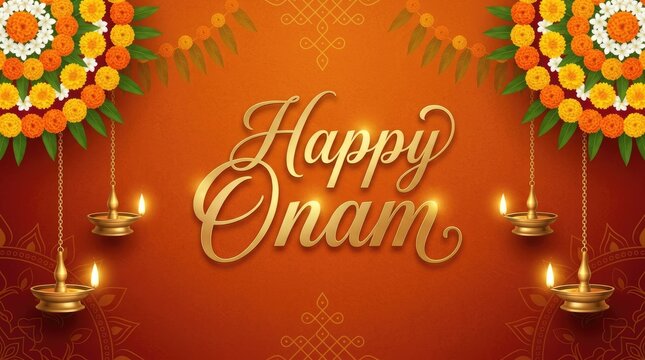 Happy Onam festive orange background banner with burning oil lamps nilavilakku and marigold garlands