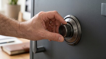 Fototapeta premium A Close-Up View of a Person Manually Turning a Metallic Combination Dial on a Heavy Duty Secure Steel Safe for Asset Protection and Safety