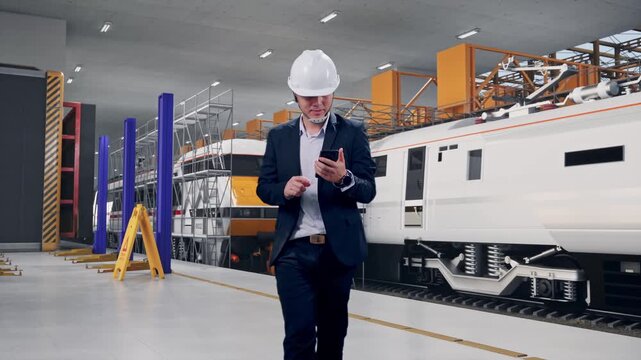 Front View of Asian Businessman Use Smartphone While Walking at Train Locomotives Maintenance Depot Scaffolding