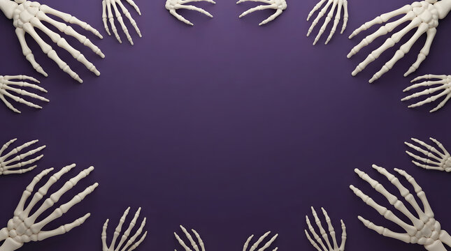Halloween features skeleton hands arranged in a frame on a purple background