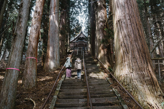 Children climbing stairs to shrine.