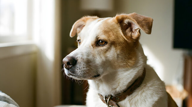 Curious brown and white dog looking attentively