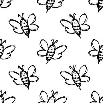 Seamless pattern with hand drawn happy funny cute honey bee Adorable flying striped insect friendly kawaii bumble bee For kids print, wrapping paper, packaging, fabric