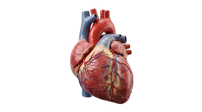 A detailed 3D anatomical rendering of a human heart, showcasing muscle fibers, coronary blood vessels, and major arteries against a solid black background.