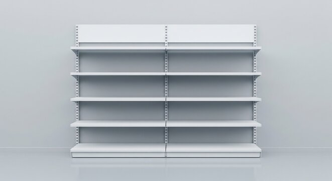 Blank Modern Retail Display Shelf Unit with Empty White Shelving for Merchandise Product Presentation and Store Layout Design
