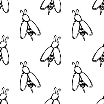 Seamless pattern with hand drawn happy funny cute honey bee Adorable flying striped insect friendly kawaii bumble bee For kids print, wrapping paper, packaging, fabric