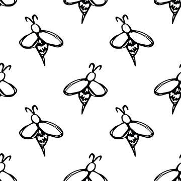Seamless pattern with hand drawn happy funny cute honey bee Adorable flying striped insect friendly kawaii bumble bee For kids print, wrapping paper, packaging, fabric