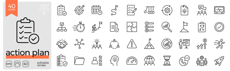 Action plan line icon set. Planning, checklist, goals, strategy, tasks, workflow, timeline, target, progress, project, teamwork, organization, productivity. Editable stroke. Vector illustration. © iconverse