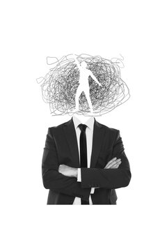 Composite trend artwork sketch image collage of mess line doodle caricature illustration headless man stand wear suit dream person dance