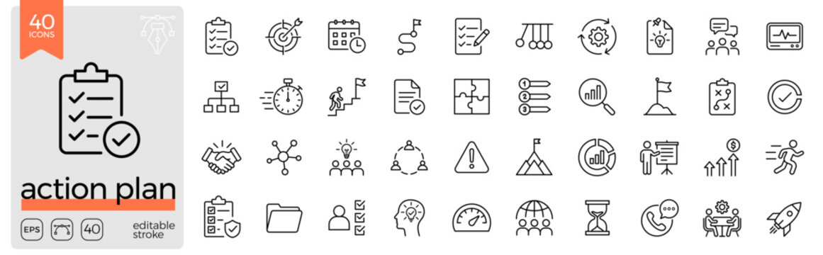 Action plan line icon set. Planning, checklist, goals, strategy, tasks, workflow, timeline, target, progress, project, teamwork, organization, productivity. Editable stroke. Vector illustration.
